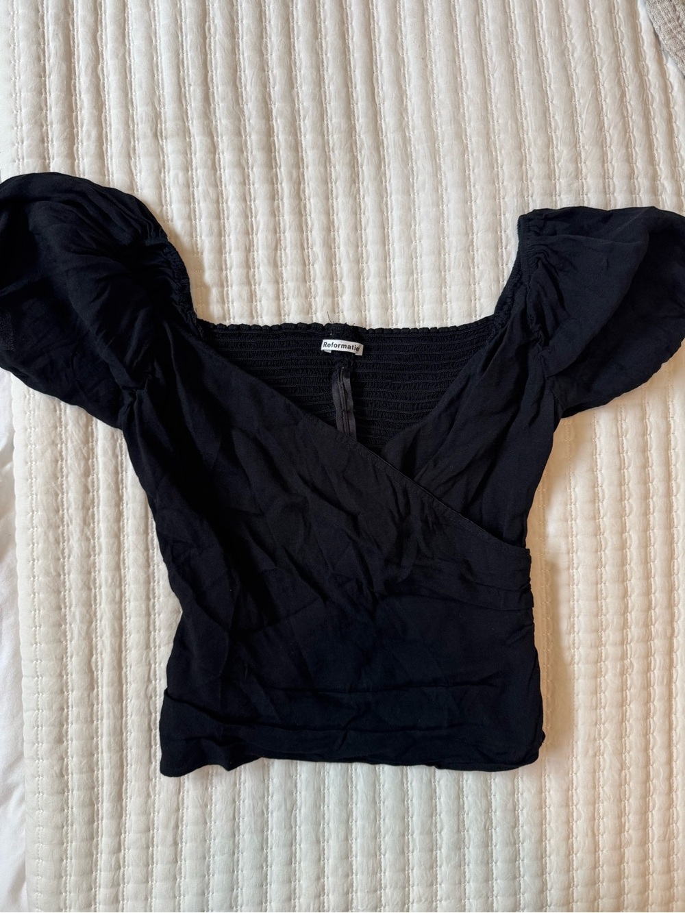 Reformation Black Puff-Sleeve Wrap Crop Top